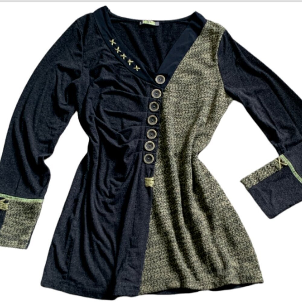 Dolcezza Art to Wear Mixed‎ Media Knit Tunic Top Embroidery Buttons Sz M #56C